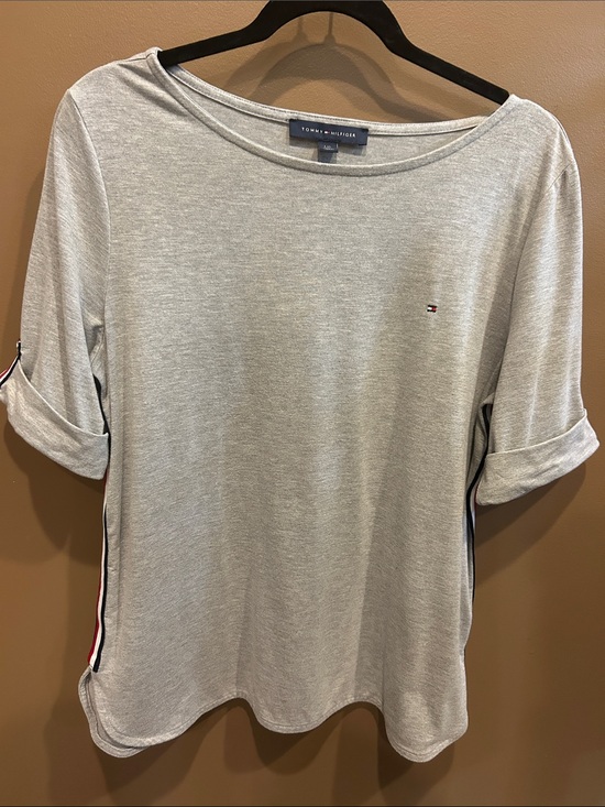 Tommy Hilfiger Tops - Tommy Hilfiger Light Gray Boatneck Top with Side Stripe Detail